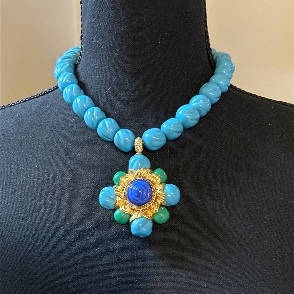 Roxanne Assoulin Jewelry Vintage 1980s Necklace Blue Beaded Floral Medallion